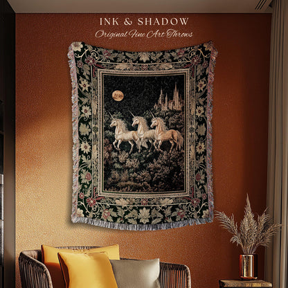 Fairytale Theme Moonlit Ethereal Tapestry | Unicorn Royalcore Woven Blanket Castle Aesthetic Dreamy Bedroom Baroque Home Accent Gothic Art |