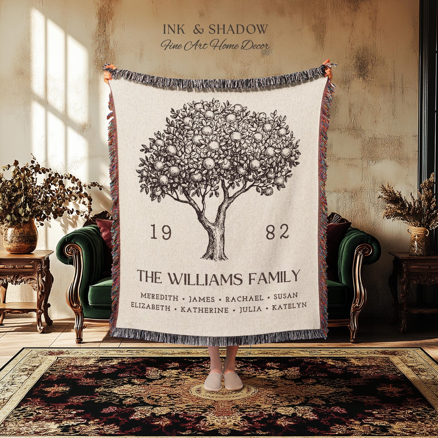 Personalized Family Tree Blanket Woven Tapestry | Family Tree Wall Art Blanket Custom Family Gift | Sentimental Gift for Mom Personalized |