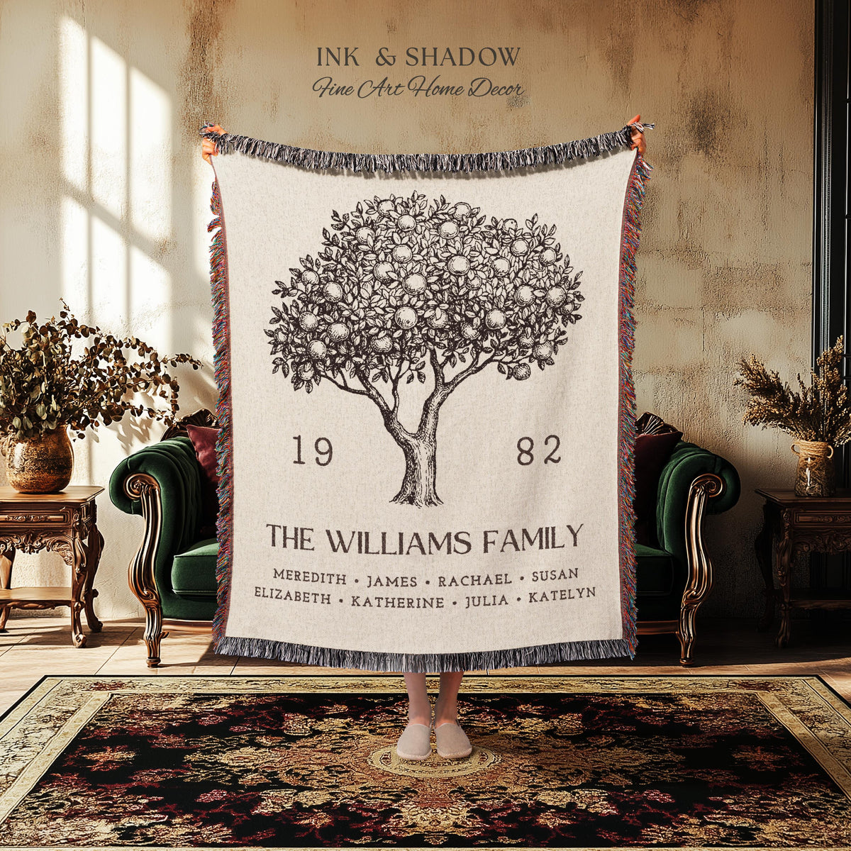 Personalized Family Tree Blanket Woven Tapestry | Family Tree Wall Art Blanket Custom Family Gift | Sentimental Gift for Mom Personalized |