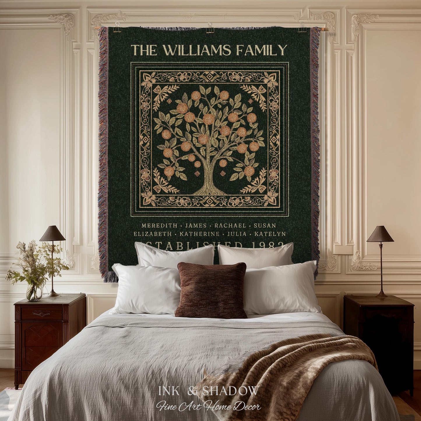 Forest Green Family Tree Personalized Blanket, Customized Heritage Tapestry Custom Gift for Grandma Sentimental for Grandparents Family Name
