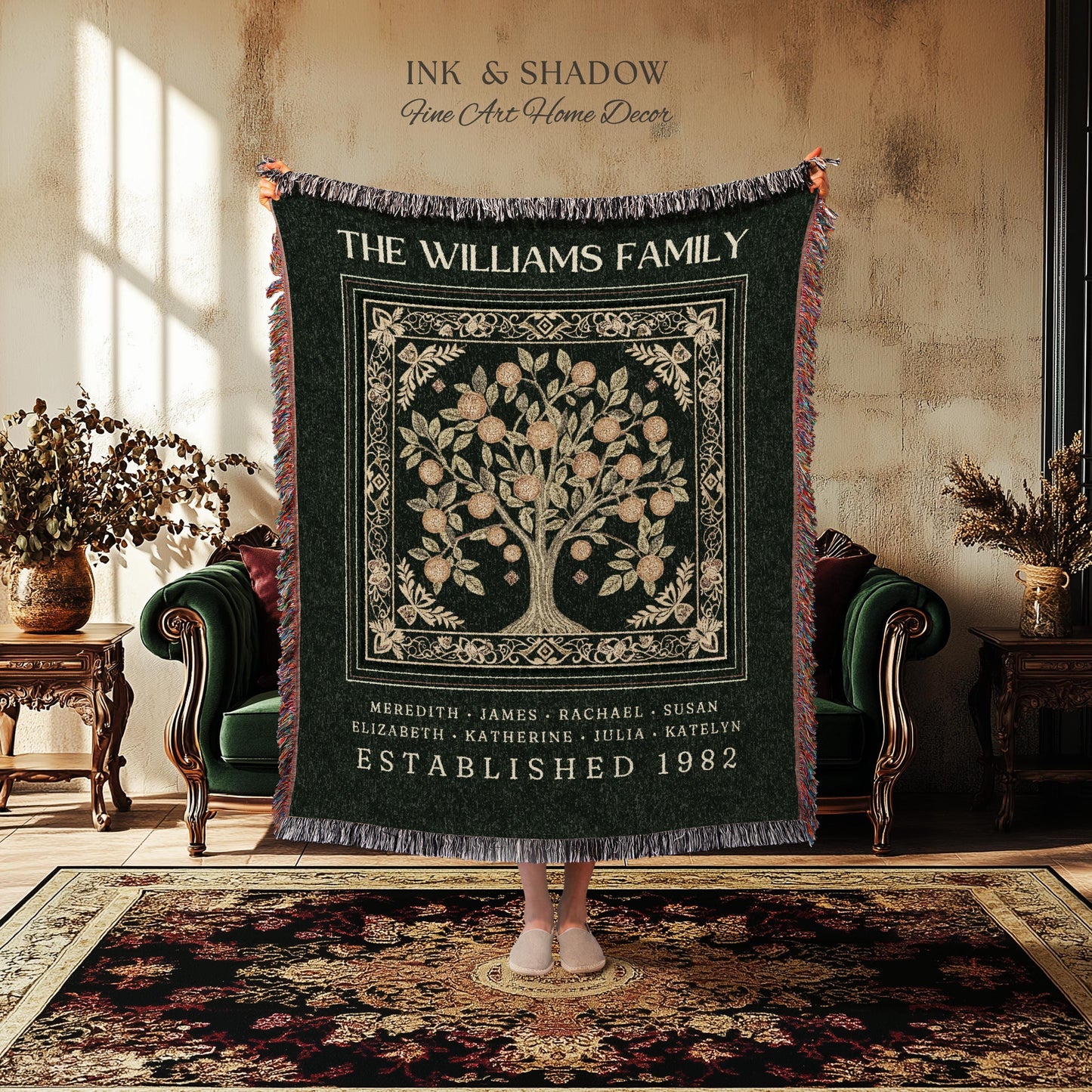 Forest Green Family Tree Personalized Blanket, Customized Heritage Tapestry Custom Gift for Grandma Sentimental for Grandparents Family Name