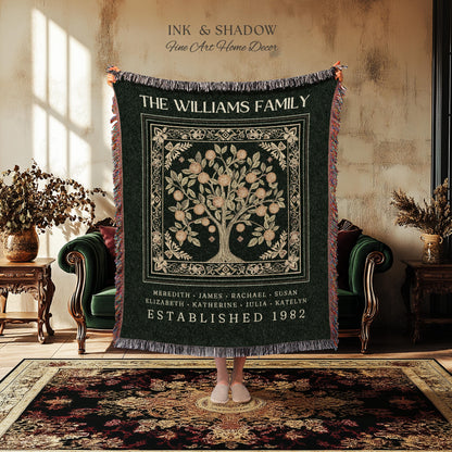 Forest Green Family Tree Personalized Blanket, Customized Heritage Tapestry Custom Gift for Grandma Sentimental for Grandparents Family Name