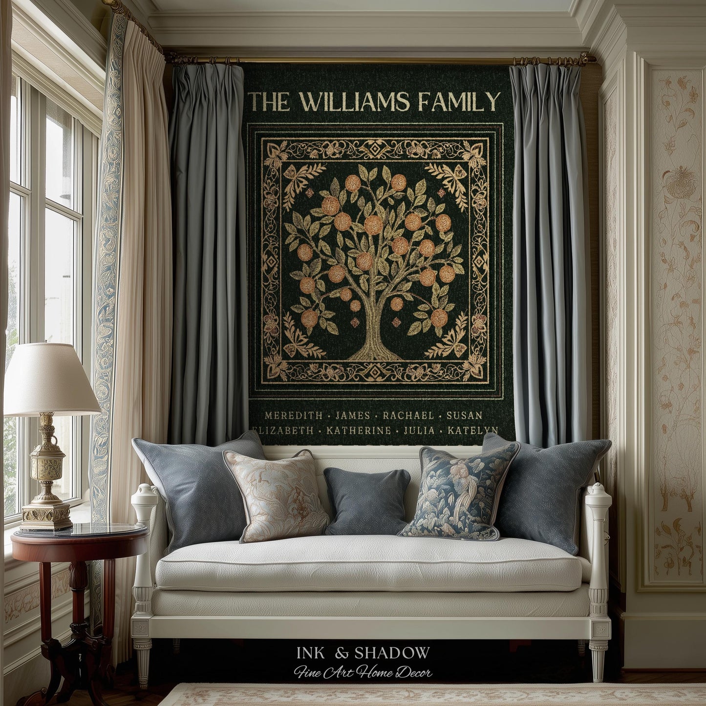 Forest Green Family Tree Personalized Blanket, Customized Heritage Tapestry Custom Gift for Grandma Sentimental for Grandparents Family Name