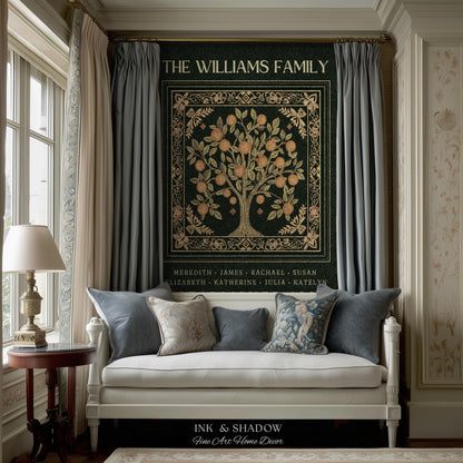 Forest Green Family Tree Personalized Blanket, Customized Heritage Tapestry Custom Gift for Grandma Sentimental for Grandparents Family Name