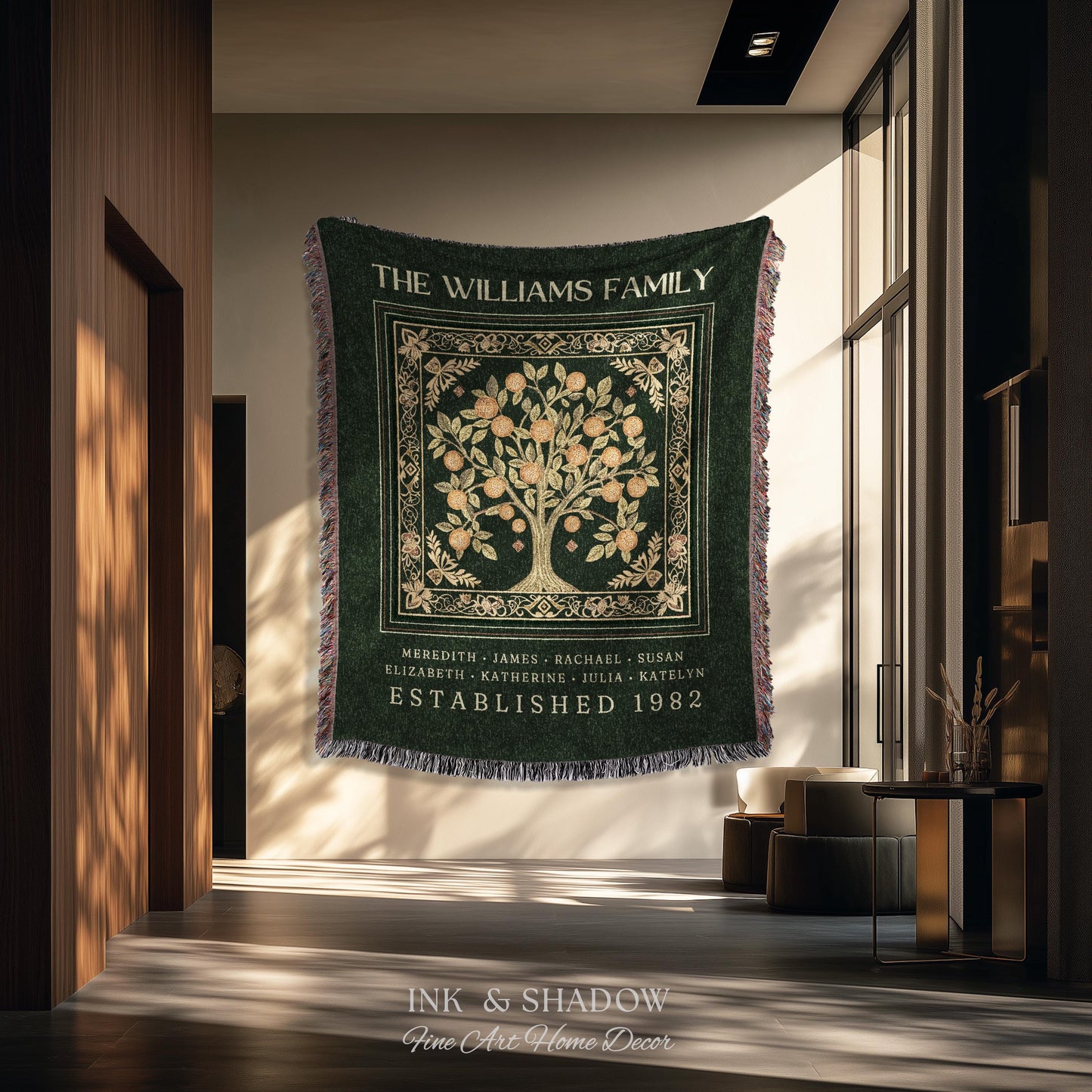 Forest Green Family Tree Personalized Blanket, Customized Heritage Tapestry Custom Gift for Grandma Sentimental for Grandparents Family Name