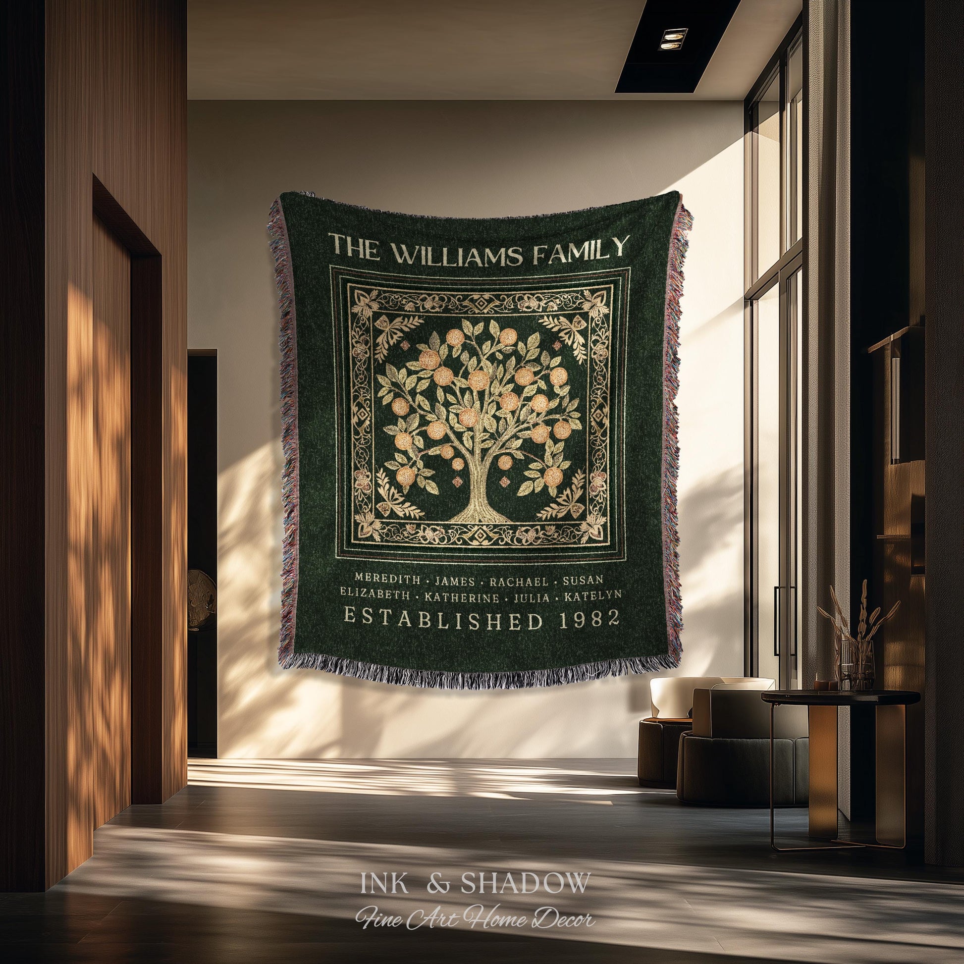Forest Green Family Tree Personalized Blanket, Customized Heritage Tapestry Custom Gift for Grandma Sentimental for Grandparents Family Name