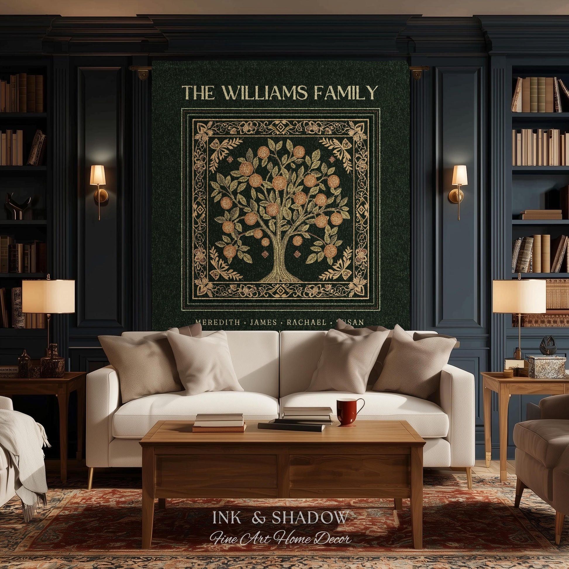 Forest Green Family Tree Personalized Blanket, Customized Heritage Tapestry Custom Gift for Grandma Sentimental for Grandparents Family Name