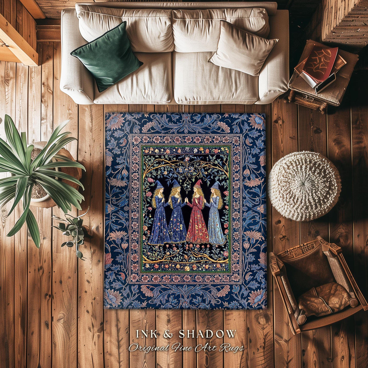 Medieval Coven Celestial Accent Rug | Moody Aesthetic Witches Enchanted Art Nouveau Gothic Ethereal Folklore Bedroom Rug Ornate Magic Decor