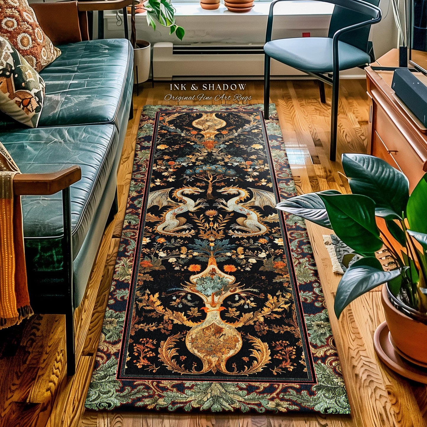 Ornate Baroque Art Nouveau Inspired Dragon Runner Folklore Decor | Antique Aesthetic Maximalist Fantasy Home Statement Art Piece Rococo Rug