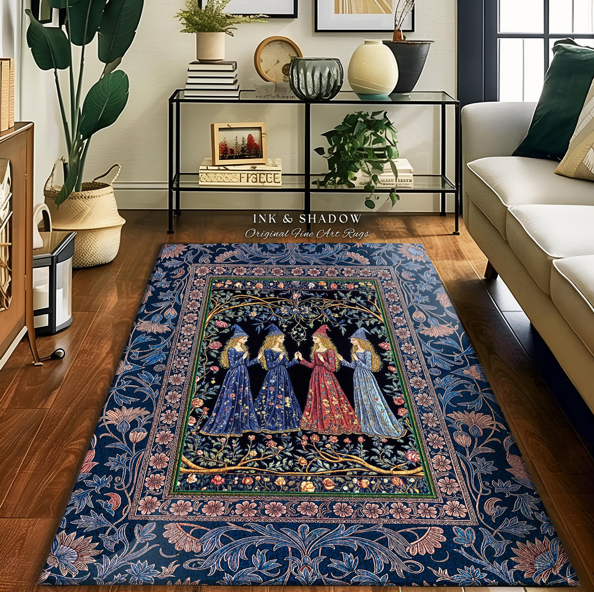 Medieval Coven Celestial Accent Rug | Moody Aesthetic Witches Enchanted Art Nouveau Gothic Ethereal Folklore Bedroom Rug Ornate Magic Decor