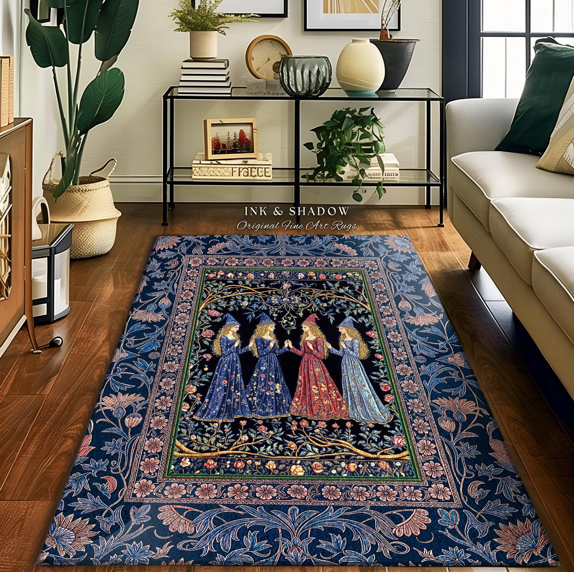 Medieval Coven Celestial Accent Rug | Moody Aesthetic Witches Enchanted Art Nouveau Gothic Ethereal Folklore Bedroom Rug Ornate Magic Decor