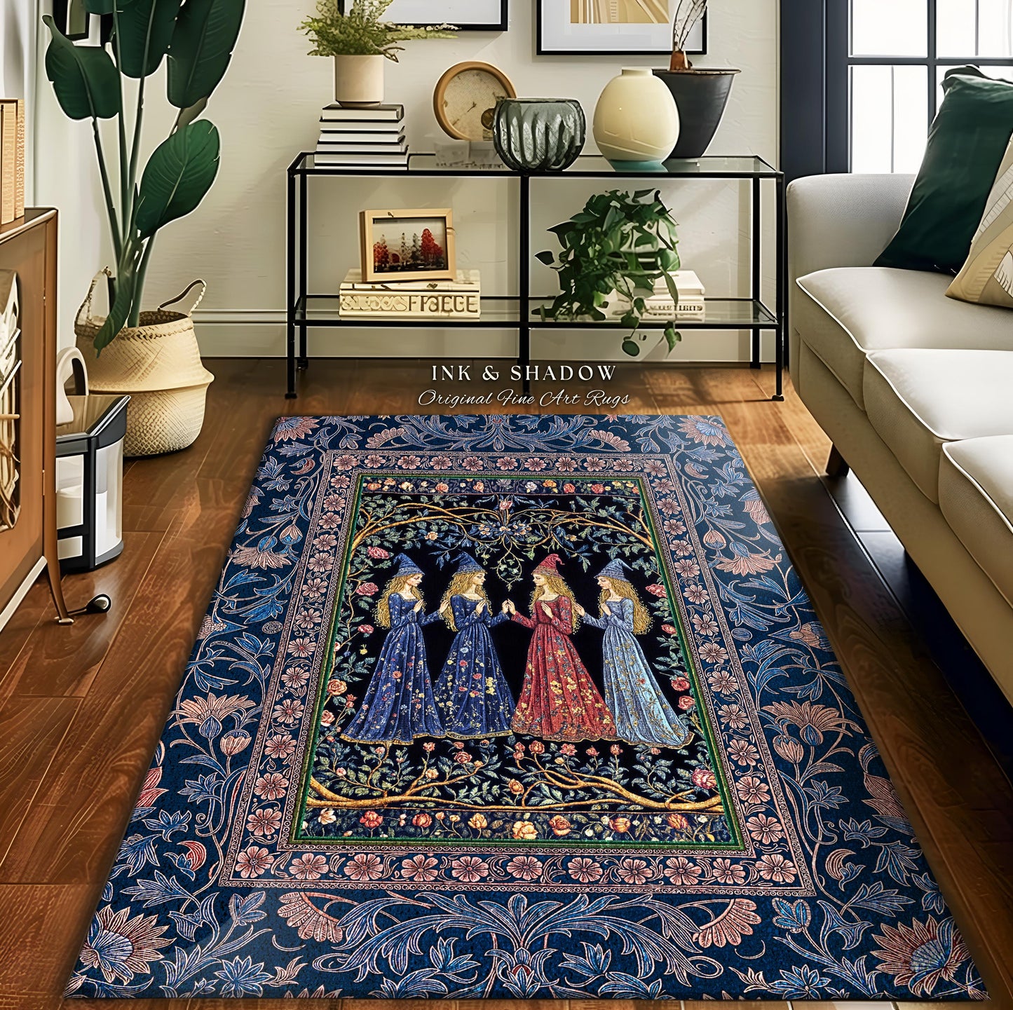 Medieval Coven Celestial Accent Rug | Moody Aesthetic Witches Enchanted Art Nouveau Gothic Ethereal Folklore Bedroom Rug Ornate Magic Decor