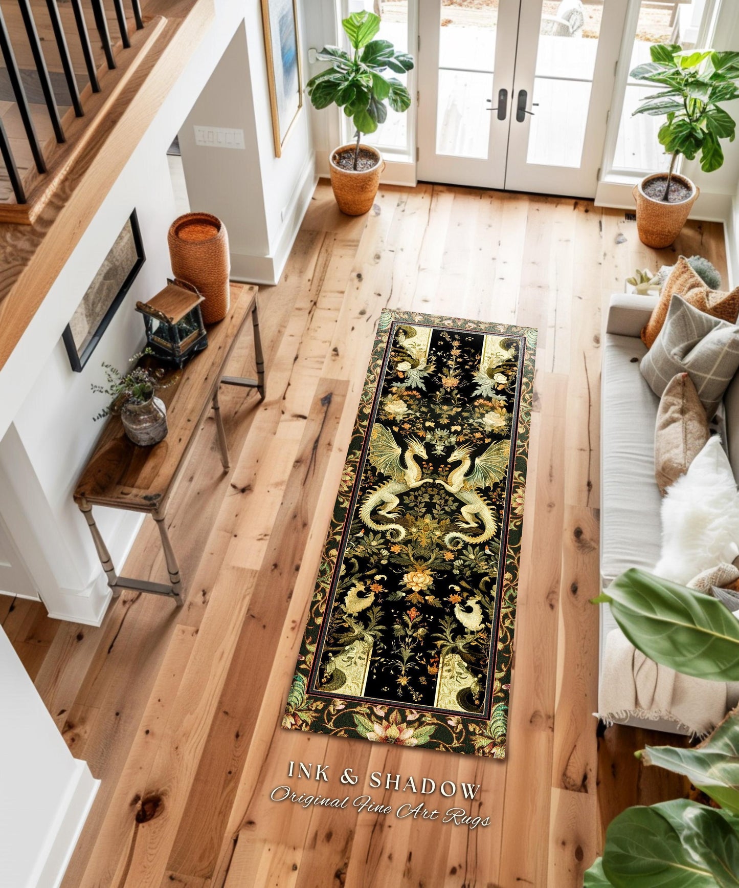 Ornate Antique Gold Folklore Aesthetic Baroque Dragon Round Area Rug | Enchanting Art Deco Goth Decor Maximalist Fantasy Mystic Home Accent
