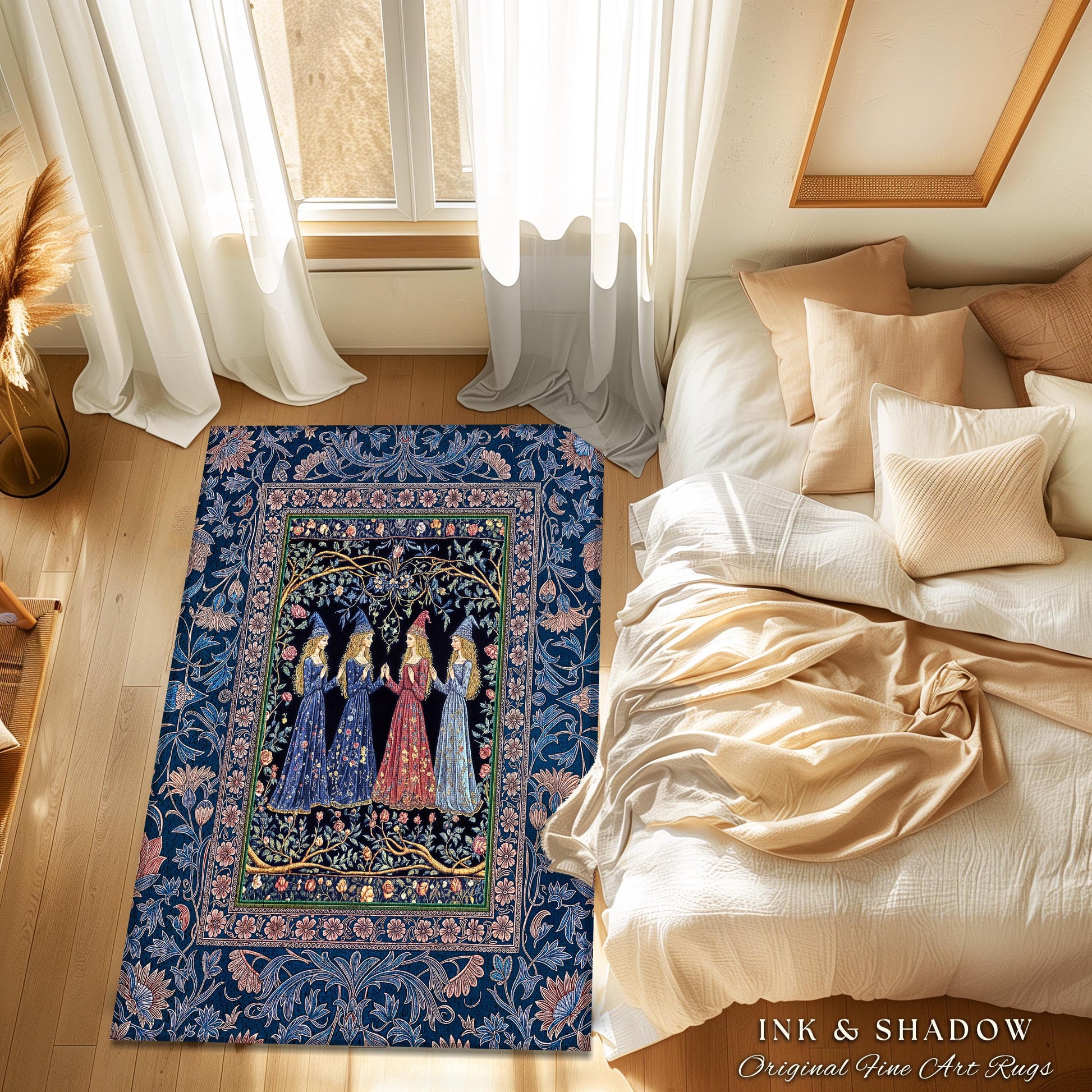 Medieval Coven Celestial Accent Rug | Moody Aesthetic Witches Enchanted Art Nouveau Gothic Ethereal Folklore Bedroom Rug Ornate Magic Decor