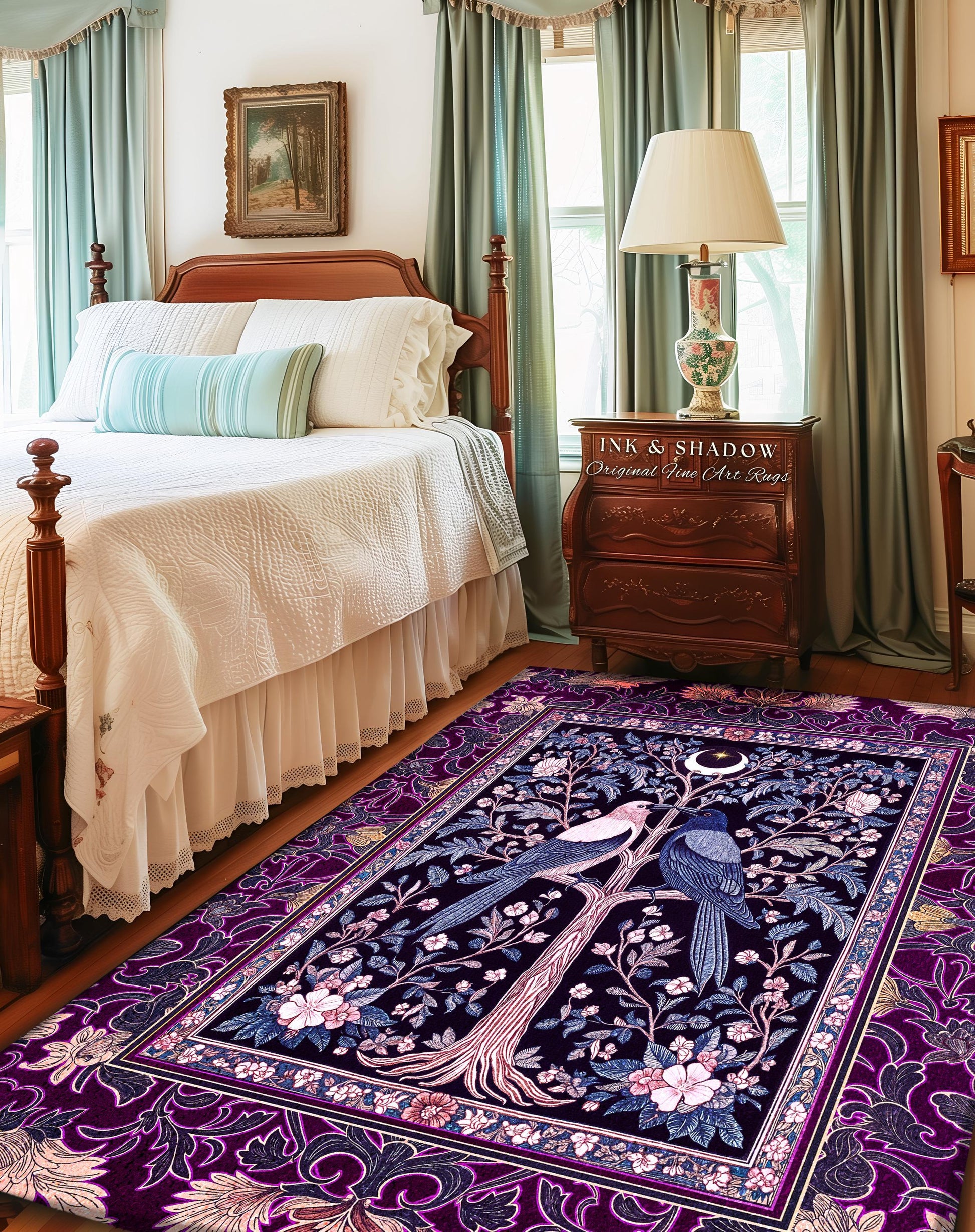 May include: A rectangular area rug with a tree and bird design. The rug features a dark purple background with a central tree motif, two birds, and floral accents. The border is a darker purple with floral patterns. The rug is placed in a bedroom setting.