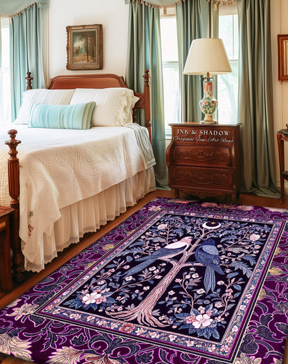 May include: A rectangular area rug with a tree and bird design. The rug features a dark purple background with a central tree motif, two birds, and floral accents. The border is a darker purple with floral patterns. The rug is placed in a bedroom setting.