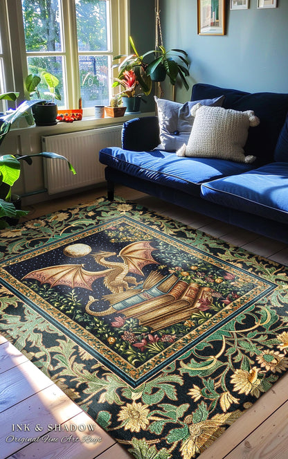 Moonlit Book Dragon Area Rug | Book Nook Victorian Floral Aesthetic Dark Academia Reading Room Storybook Accent Rug Book Lover Home Decor |