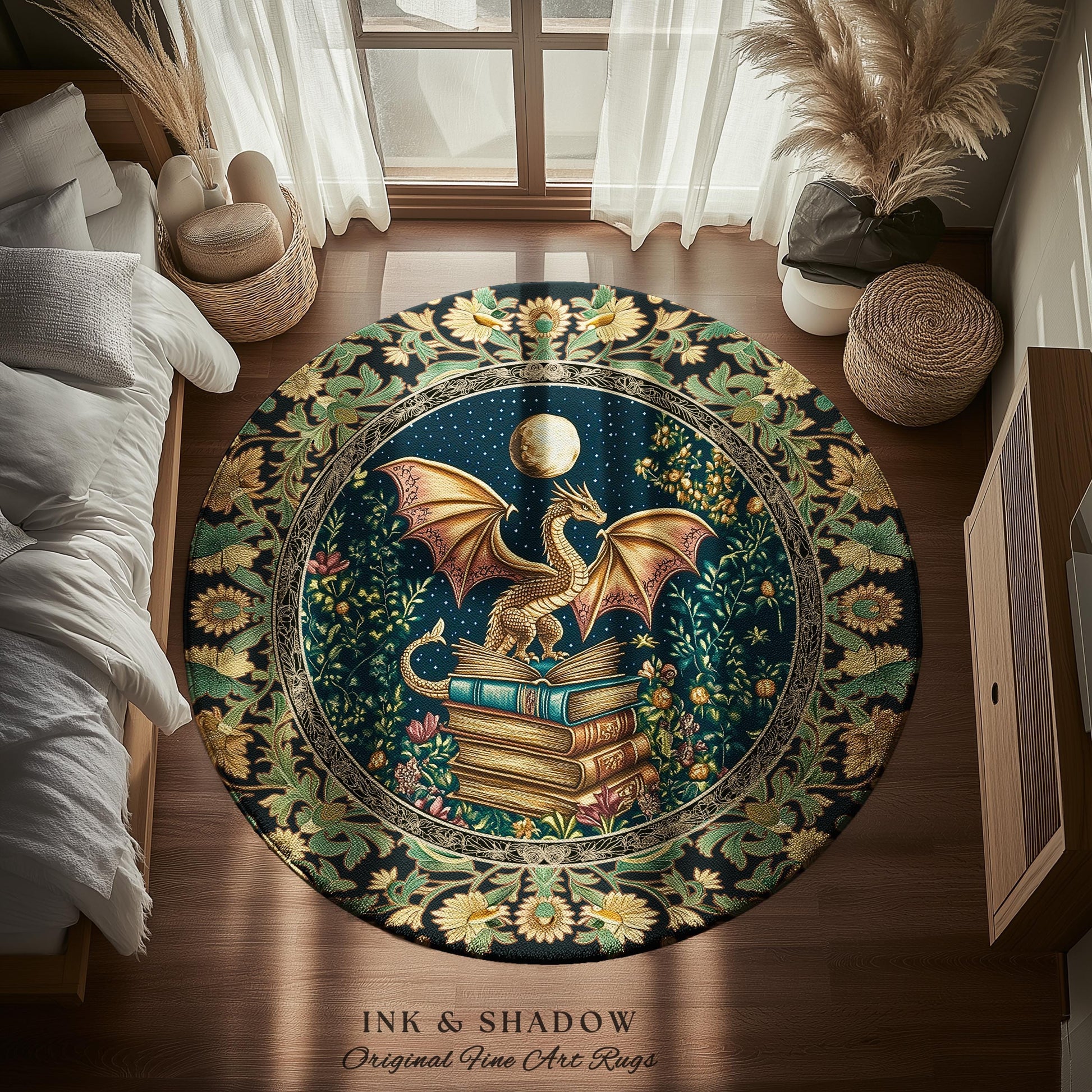 Moonlit Book Dragon Area Rug | Book Nook Victorian Floral Aesthetic Dark Academia Reading Room Storybook Accent Rug Book Lover Home Decor |