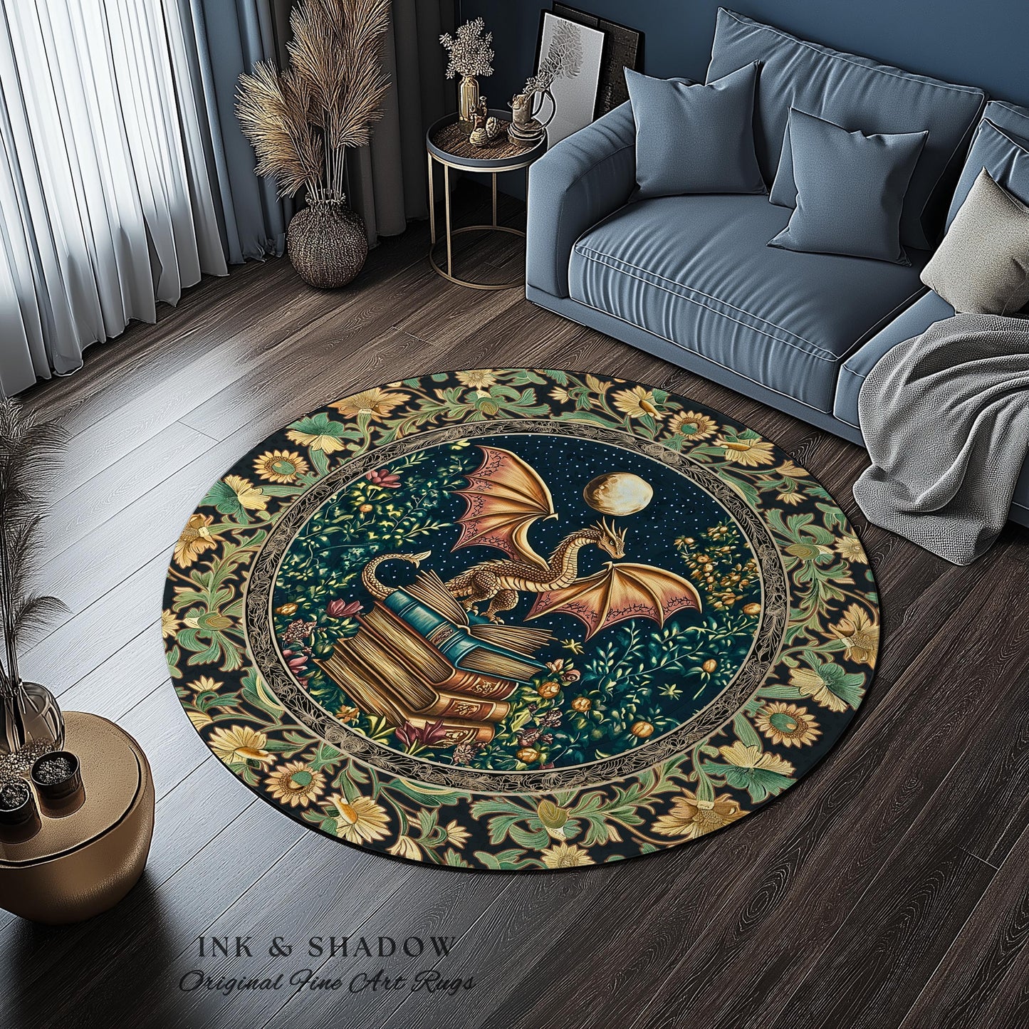 Moonlit Book Dragon Area Rug | Book Nook Victorian Floral Aesthetic Dark Academia Reading Room Storybook Accent Rug Book Lover Home Decor |