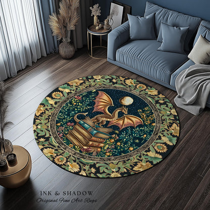 Moonlit Book Dragon Area Rug | Book Nook Victorian Floral Aesthetic Dark Academia Reading Room Storybook Accent Rug Book Lover Home Decor |