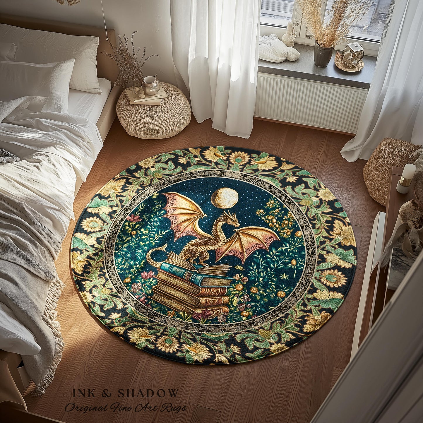Moonlit Book Dragon Area Rug | Book Nook Victorian Floral Aesthetic Dark Academia Reading Room Storybook Accent Rug Book Lover Home Decor |