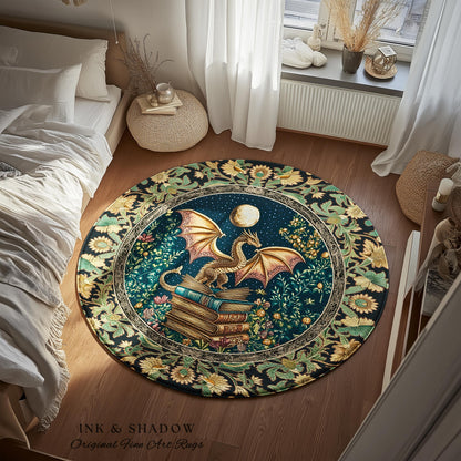 Moonlit Book Dragon Area Rug | Book Nook Victorian Floral Aesthetic Dark Academia Reading Room Storybook Accent Rug Book Lover Home Decor |