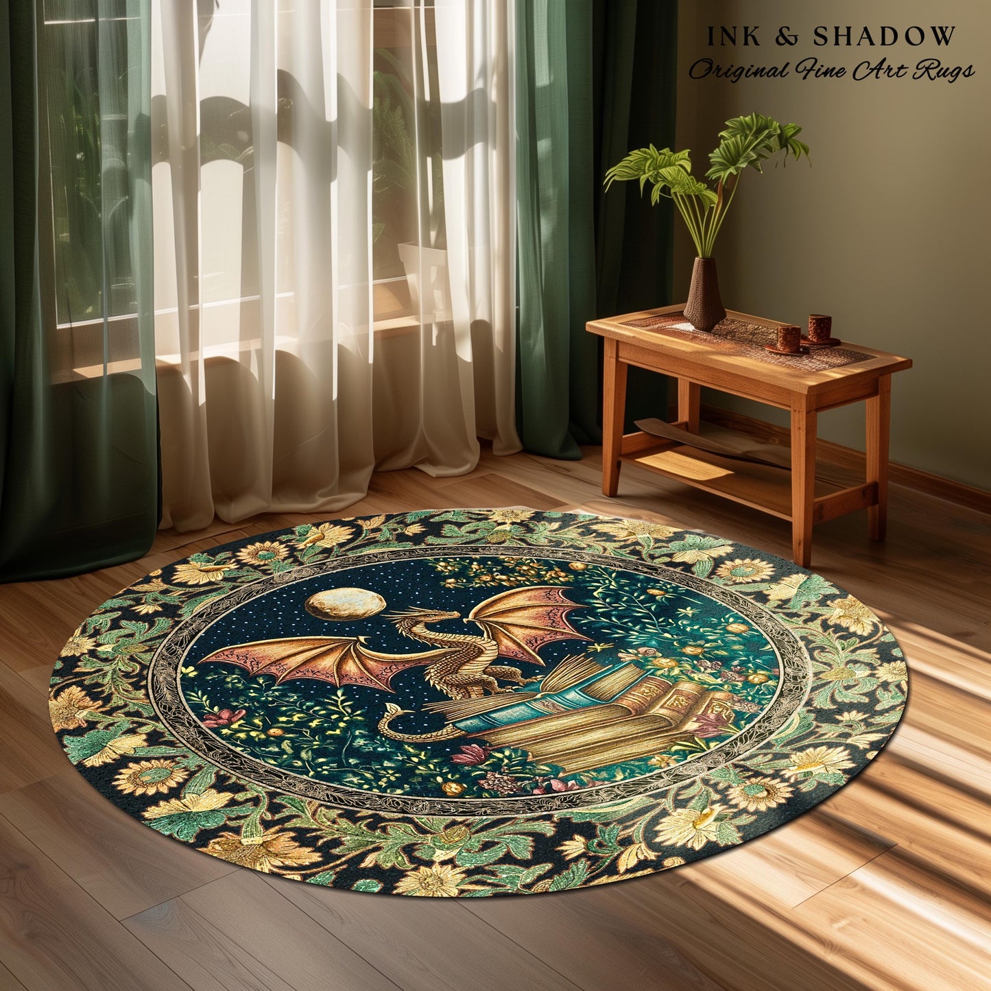 Moonlit Book Dragon Area Rug | Book Nook Victorian Floral Aesthetic Dark Academia Reading Room Storybook Accent Rug Book Lover Home Decor |