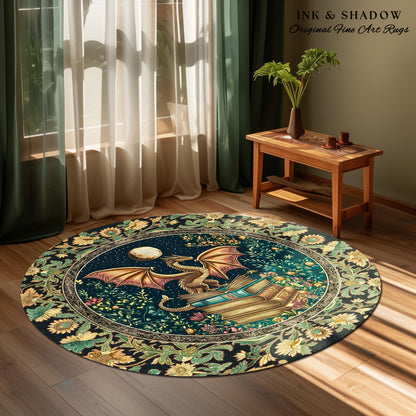 Moonlit Book Dragon Area Rug | Book Nook Victorian Floral Aesthetic Dark Academia Reading Room Storybook Accent Rug Book Lover Home Decor |