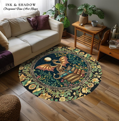 Moonlit Book Dragon Area Rug | Book Nook Victorian Floral Aesthetic Dark Academia Reading Room Storybook Accent Rug Book Lover Home Decor |