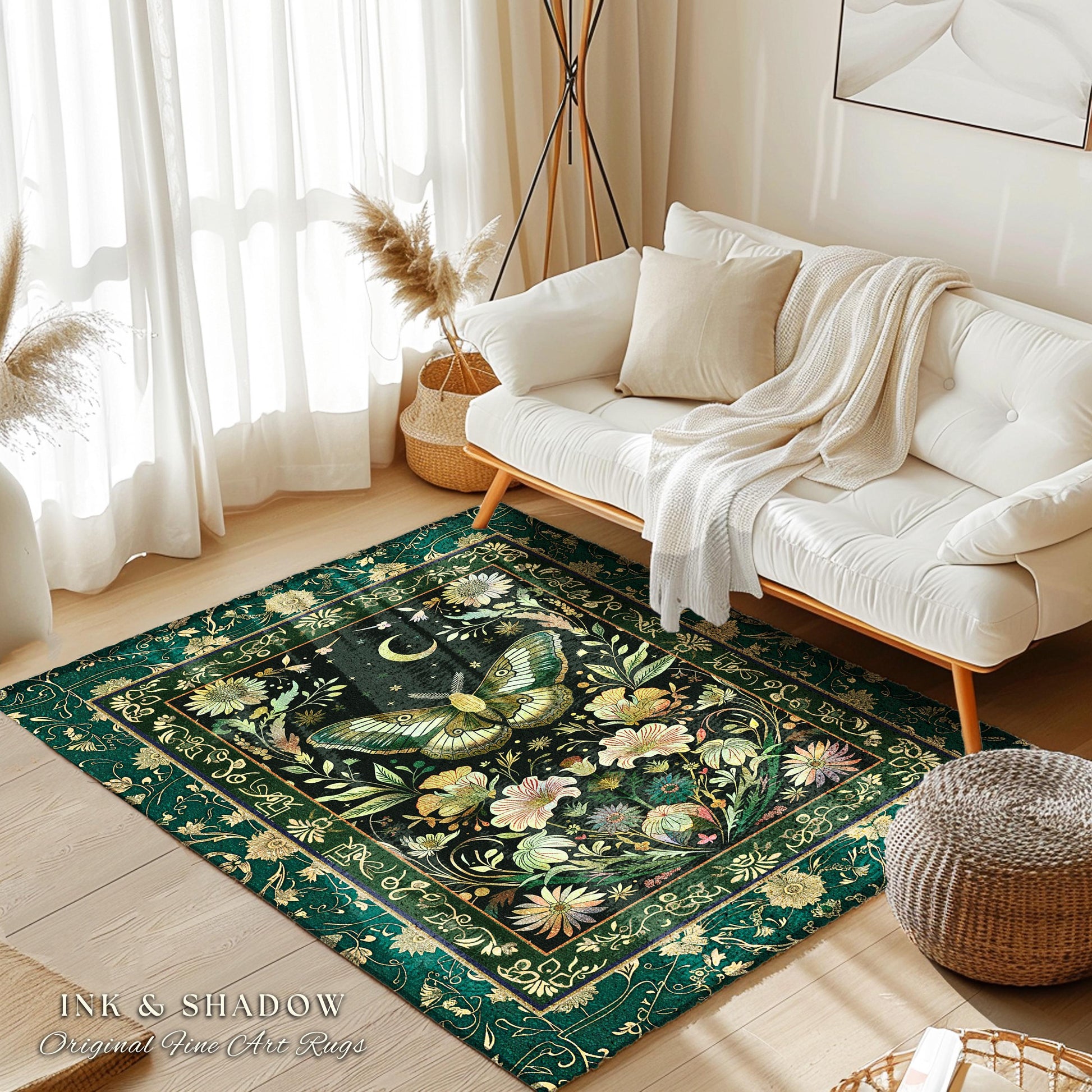Dark Green Cottagecore Moth Rug Ethereal Botanical Fairycore Decor | Moonlit Garden Boho Butterfly Art Floral Moth Rug Nature Lovers Gift
