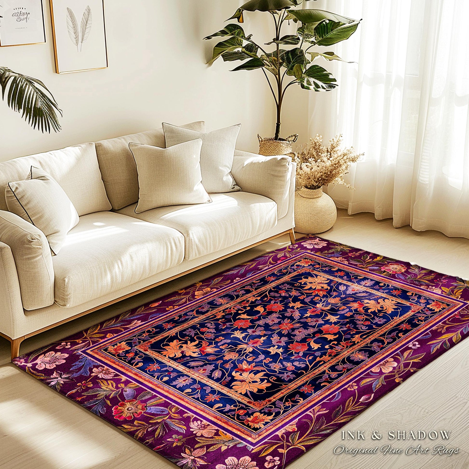 Whimsical Purple Whimsigothic Area Rug | Fairycore Dark Floral Victorian Cottagecore Witchy Wildflower Home Decor Renaissance Princesscore |