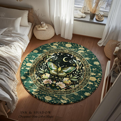 Dark Green Cottagecore Moth Rug Ethereal Botanical Fairycore Decor | Moonlit Garden Boho Butterfly Art Floral Moth Rug Nature Lovers Gift