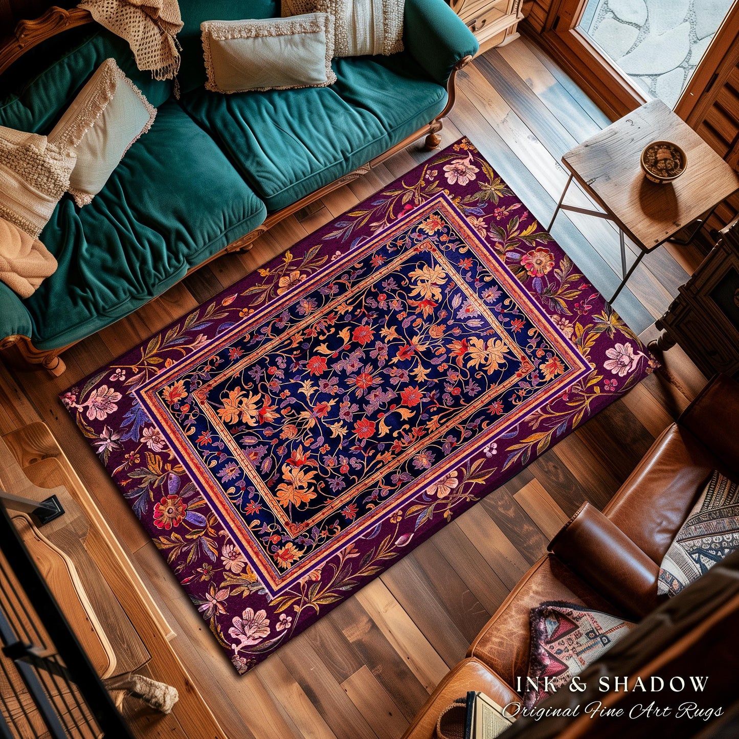 Whimsical Purple Whimsigothic Area Rug | Fairycore Dark Floral Victorian Cottagecore Witchy Wildflower Home Decor Renaissance Princesscore |