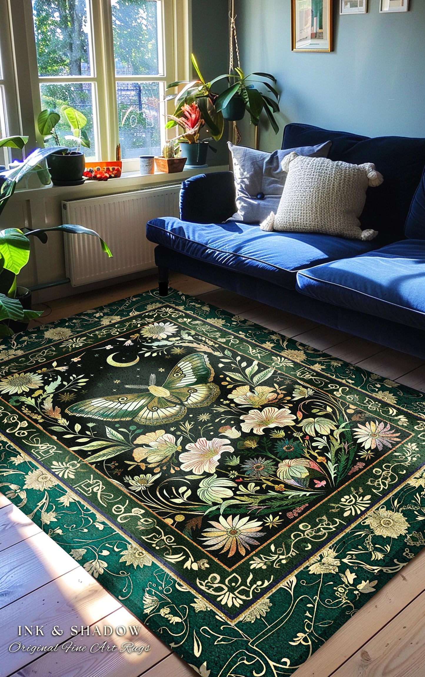 Dark Green Cottagecore Moth Rug Ethereal Botanical Fairycore Decor | Moonlit Garden Boho Butterfly Art Floral Moth Rug Nature Lovers Gift