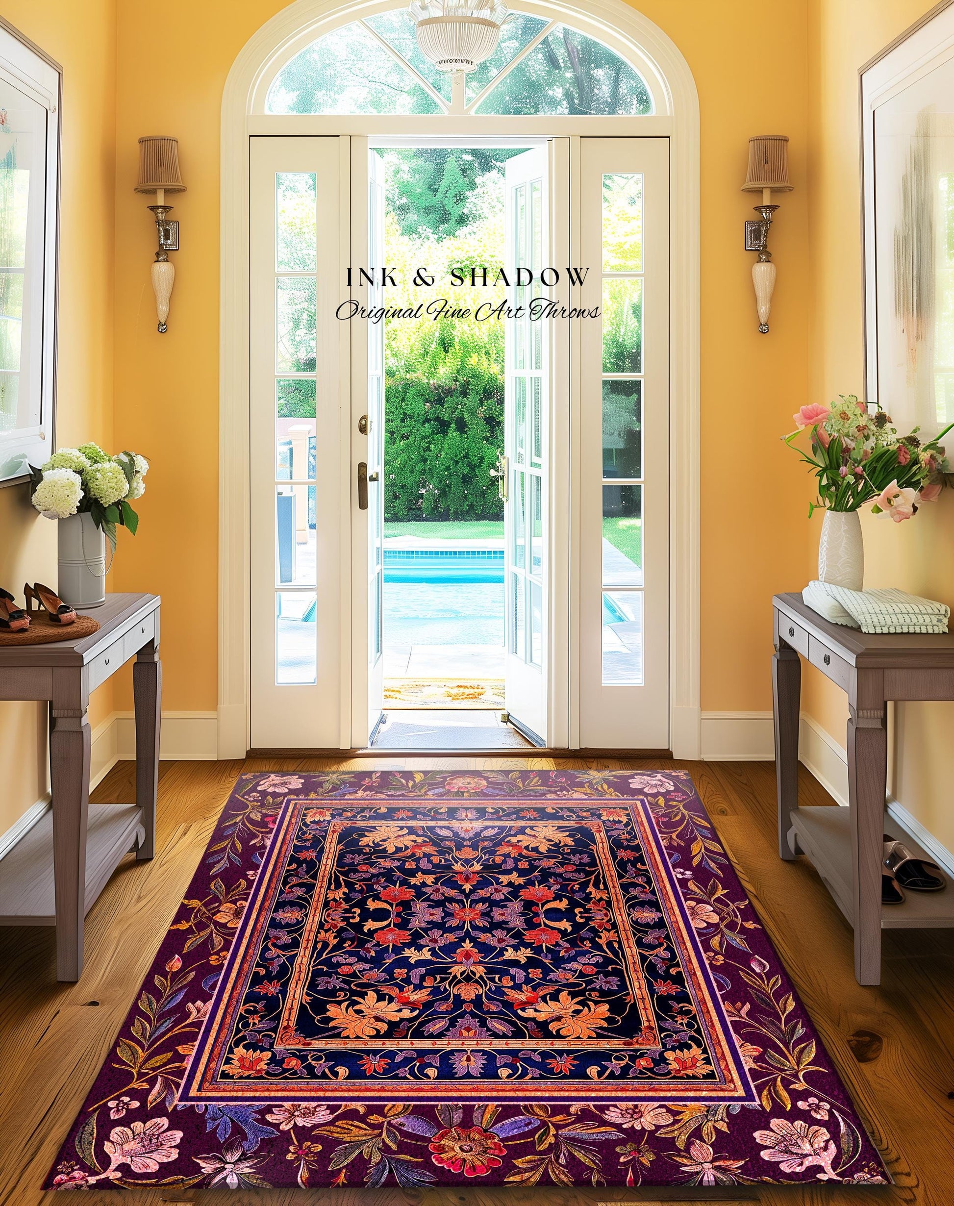 Whimsical Purple Whimsigothic Area Rug | Fairycore Dark Floral Victorian Cottagecore Witchy Wildflower Home Decor Renaissance Princesscore |