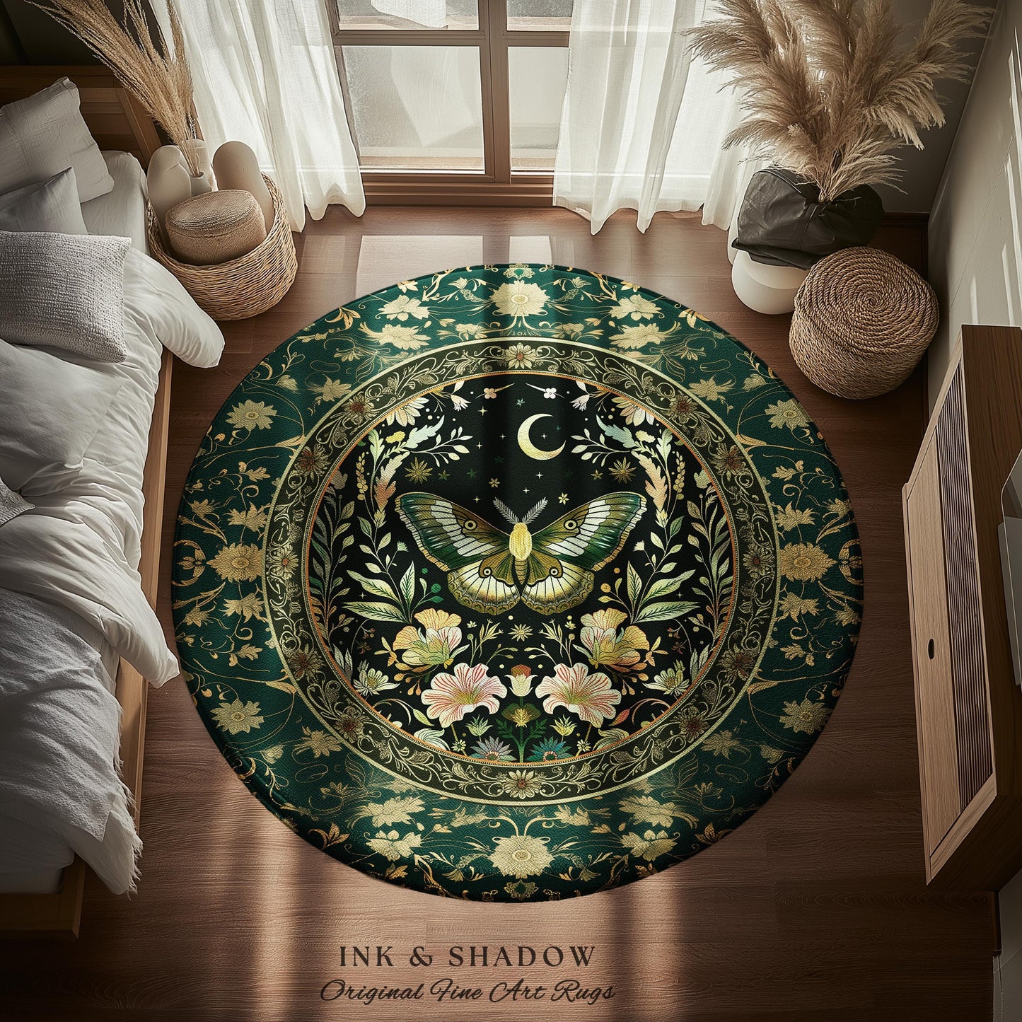 Dark Green Cottagecore Moth Rug Ethereal Botanical Fairycore Decor | Moonlit Garden Boho Butterfly Art Floral Moth Rug Nature Lovers Gift
