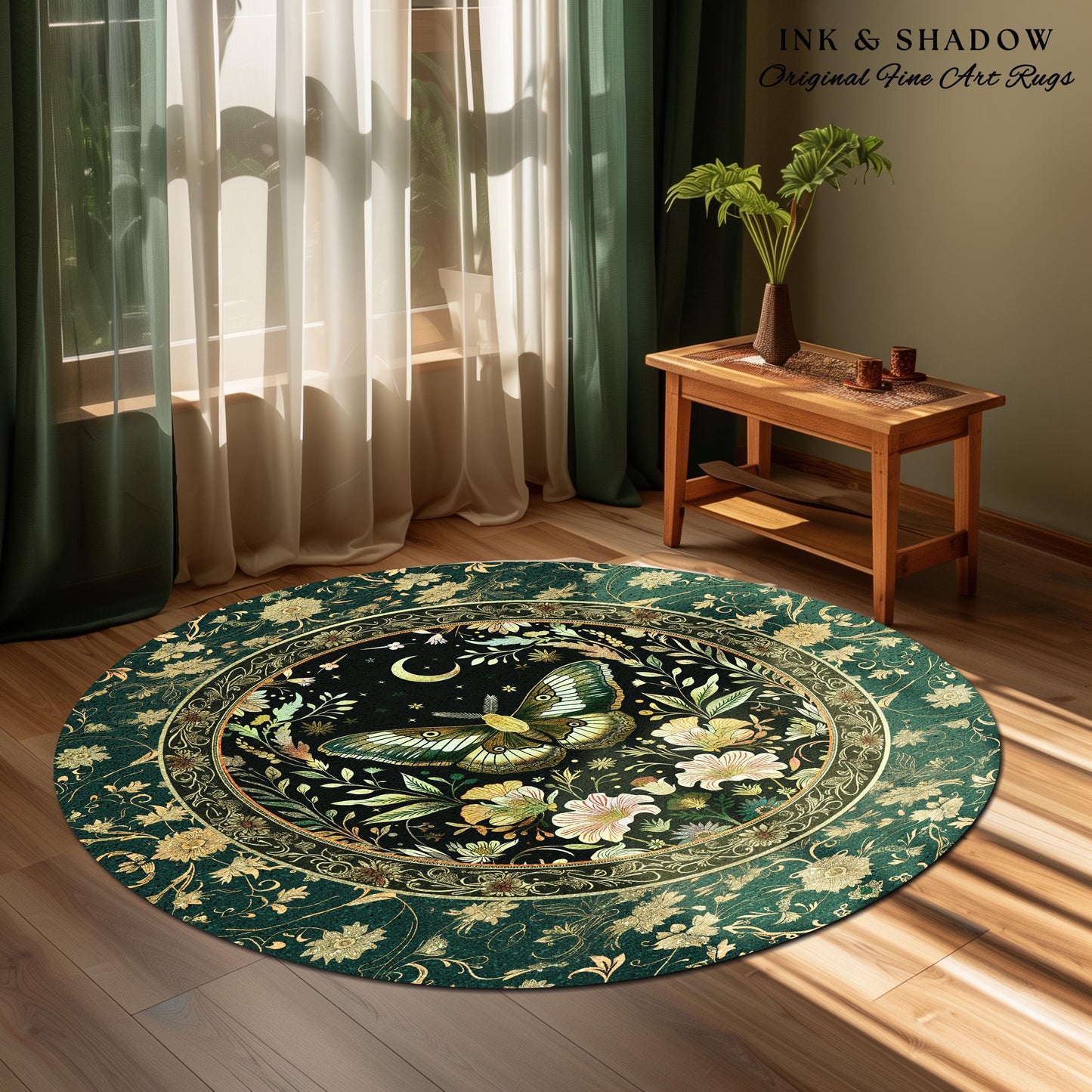 Dark Green Cottagecore Moth Rug Ethereal Botanical Fairycore Decor | Moonlit Garden Boho Butterfly Art Floral Moth Rug Nature Lovers Gift