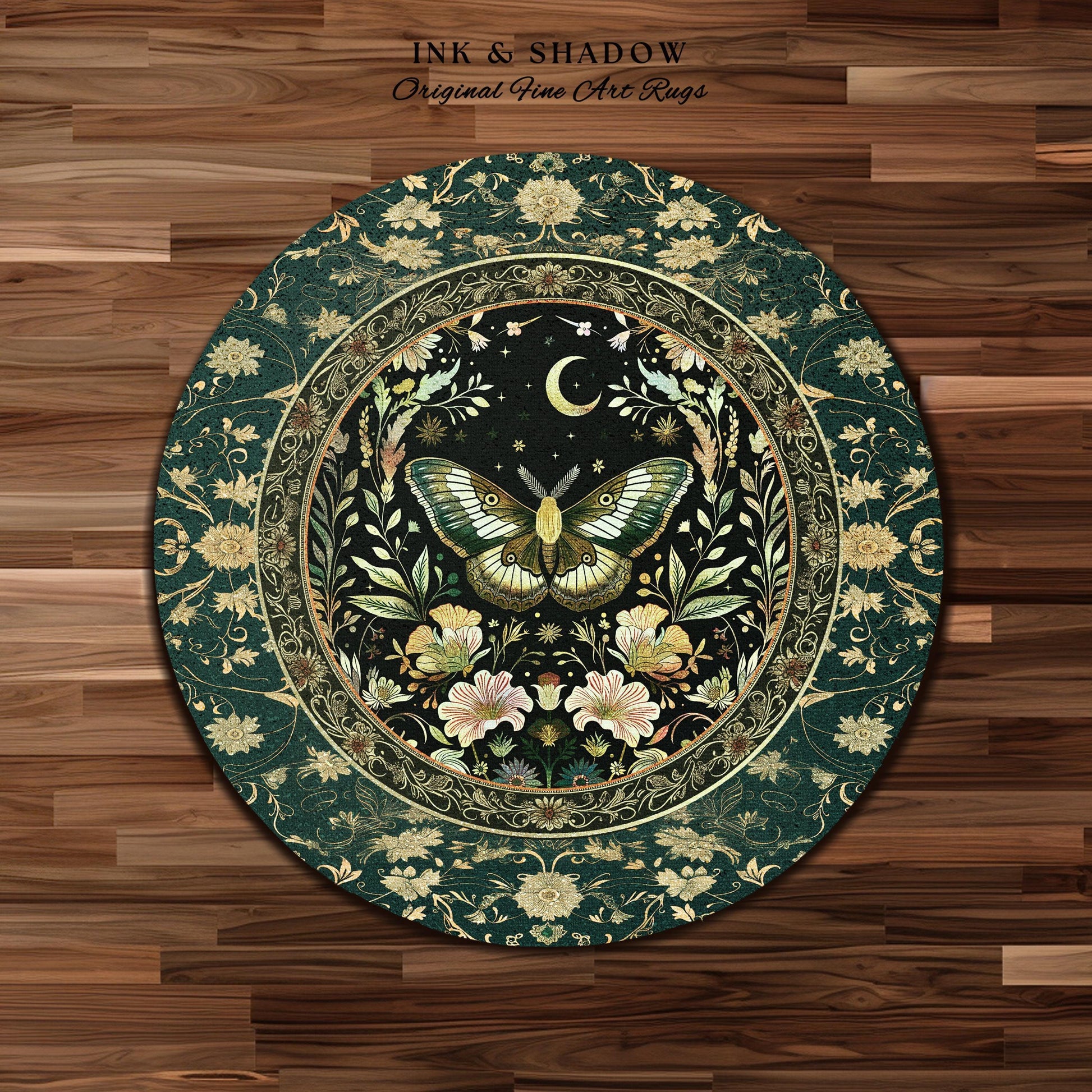 Dark Green Cottagecore Moth Rug Ethereal Botanical Fairycore Decor | Moonlit Garden Boho Butterfly Art Floral Moth Rug Nature Lovers Gift