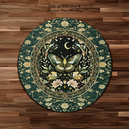 Dark Green Cottagecore Moth Rug Ethereal Botanical Fairycore Decor | Moonlit Garden Boho Butterfly Art Floral Moth Rug Nature Lovers Gift