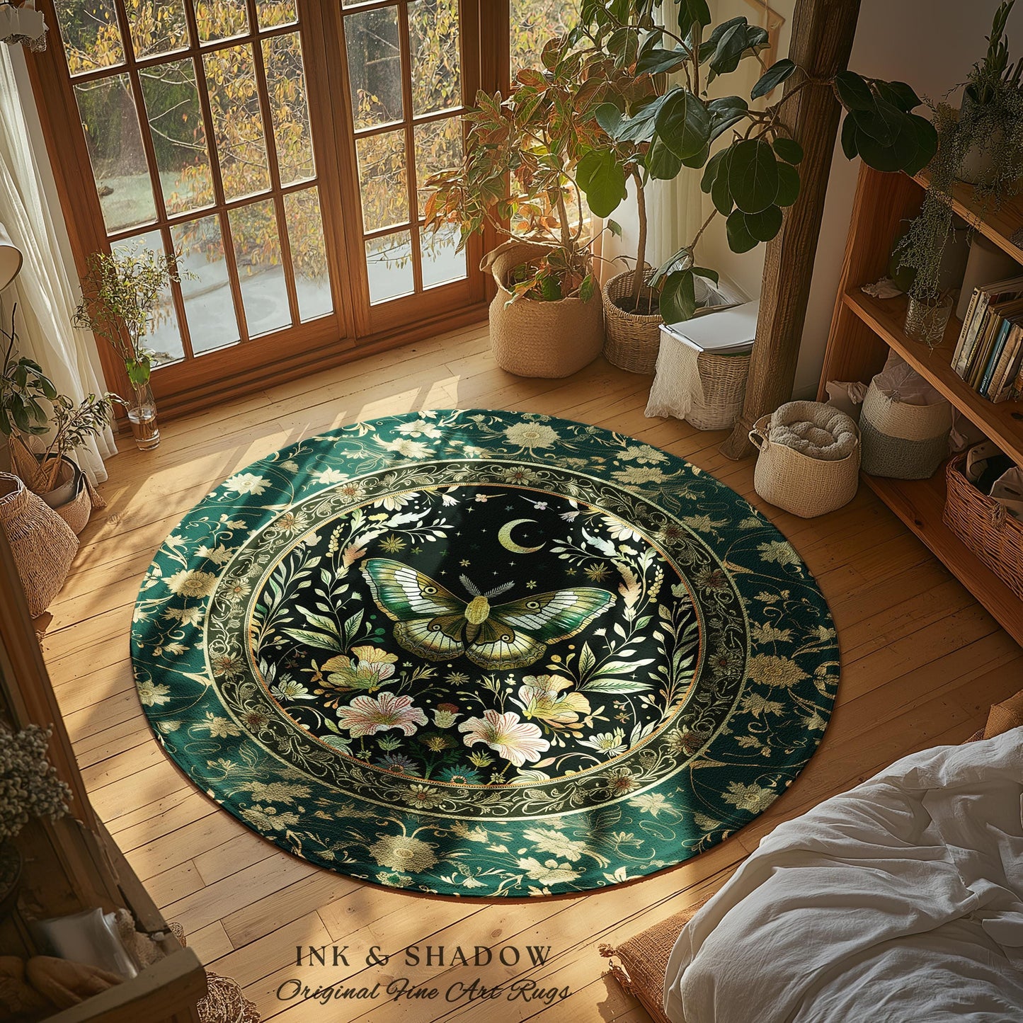 Dark Green Cottagecore Moth Rug Ethereal Botanical Fairycore Decor | Moonlit Garden Boho Butterfly Art Floral Moth Rug Nature Lovers Gift