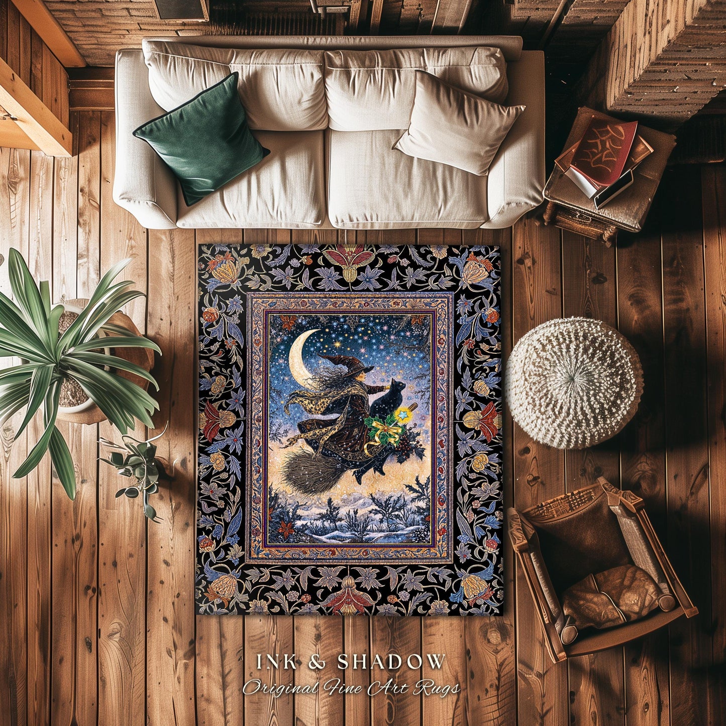 Magic Moonlit Witch Accent Rug | Ethereal Witchy Halloween Bedroom Area Rug Nostalgic Aesthetic Broomstick Black Cat Celestial Home Decor |