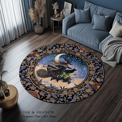 Magic Moonlit Witch Accent Rug | Ethereal Witchy Halloween Bedroom Area Rug Nostalgic Aesthetic Broomstick Black Cat Celestial Home Decor |