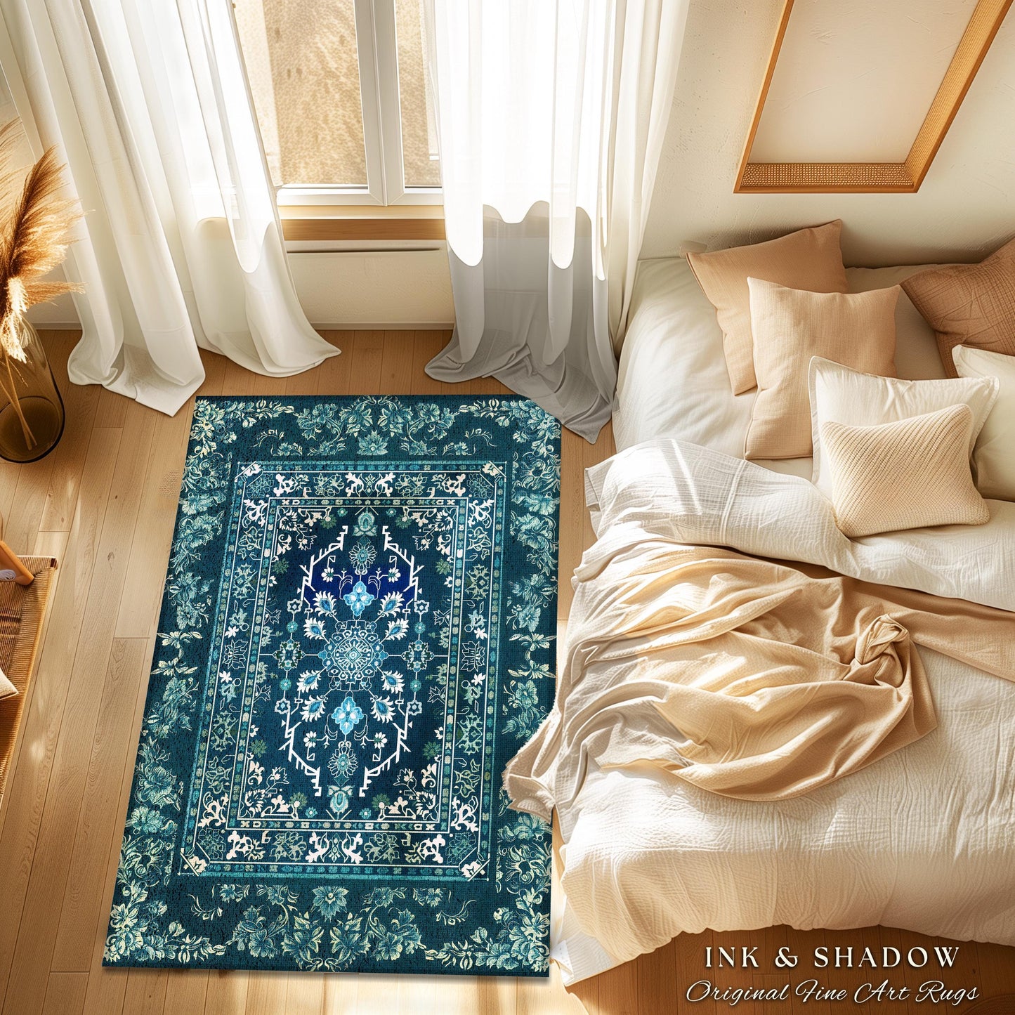 Deep Sea Green Room Accent Rug | Classic Ornate Statement Rug With Blue Green Detail Bohemian Mandala Aesthetic For Cozy Hippie Room Boho |