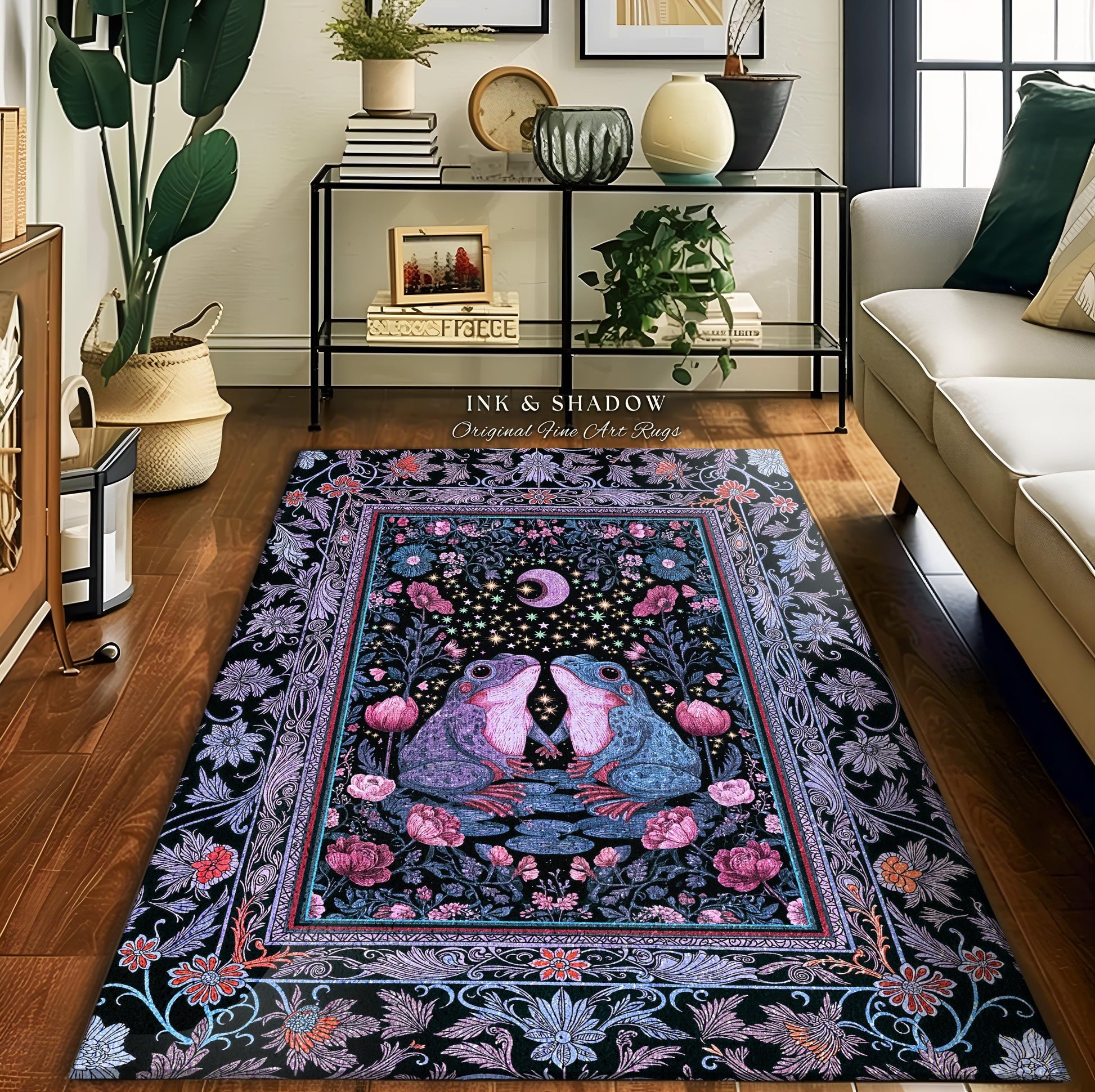 Dreamy Lavender Woodland Area Rug | Boho Fairycore Bedroom Accent Cute Frog Couple Mystic Theme Pastel Purple Decor Whimsigothic Aesthetic