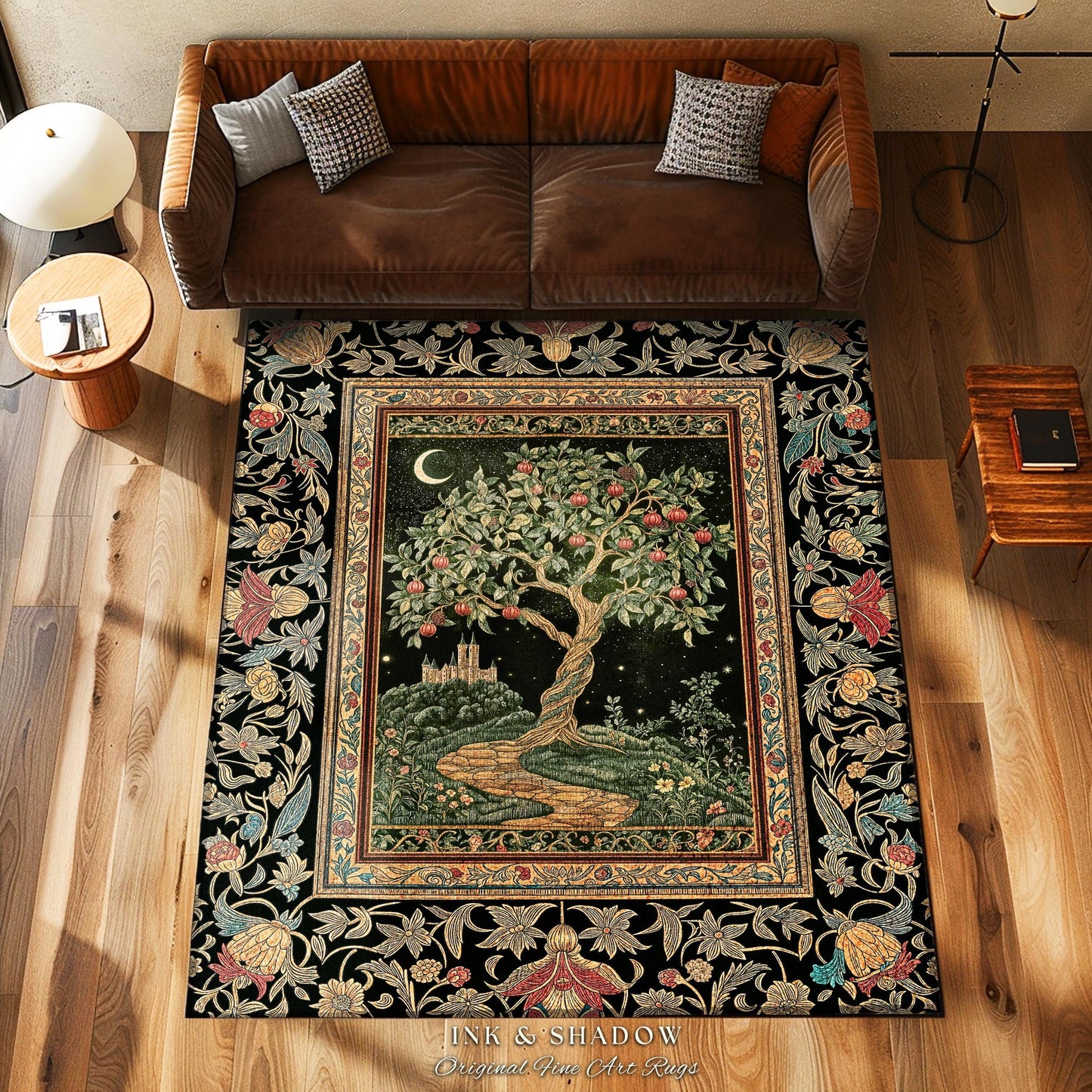 Moonlit Magic Whimsical Tree Area Rug | Celestial Forest Midnight Aesthetic Folklore Fairy Tale Decor Medieval Style Home Accent Celestial