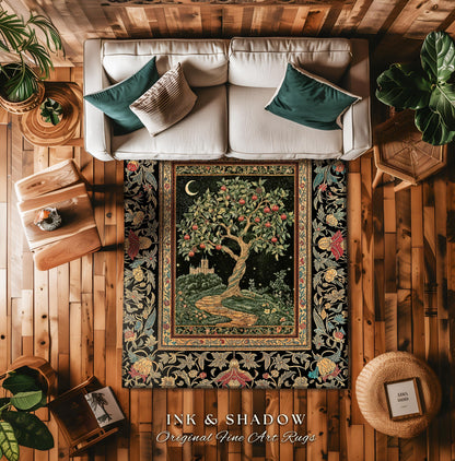 Moonlit Magic Whimsical Tree Area Rug | Celestial Forest Midnight Aesthetic Folklore Fairy Tale Decor Medieval Style Home Accent Celestial