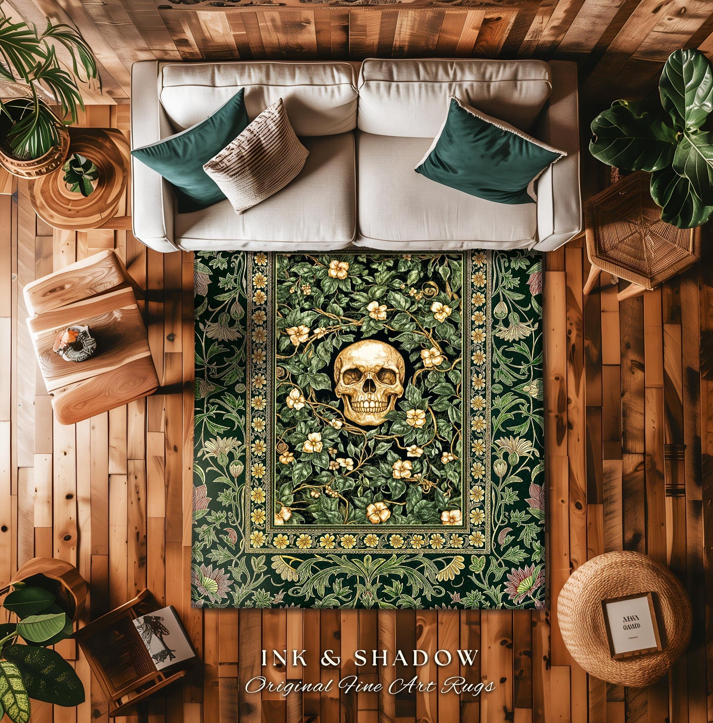 Macabre Garden Skull Area Rug | Botanical Gothic Aesthetic Skeleton Bedroom Floor Accent Spooky Season Decor Witchy Vibes Dark Academia Goth