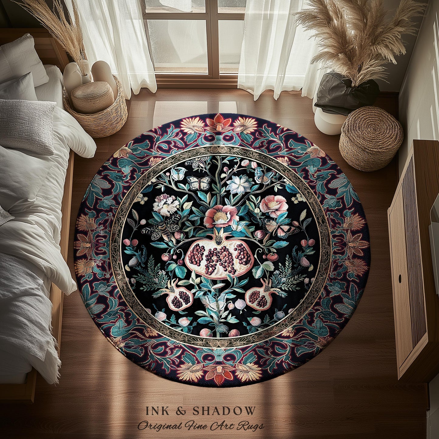 Witchy Dark Academia Pomegranate Rug Whimsigothic Floral Home Decor, Enchanted Woodland Cottagecore Botanical Victorian Gothic Nature Accent