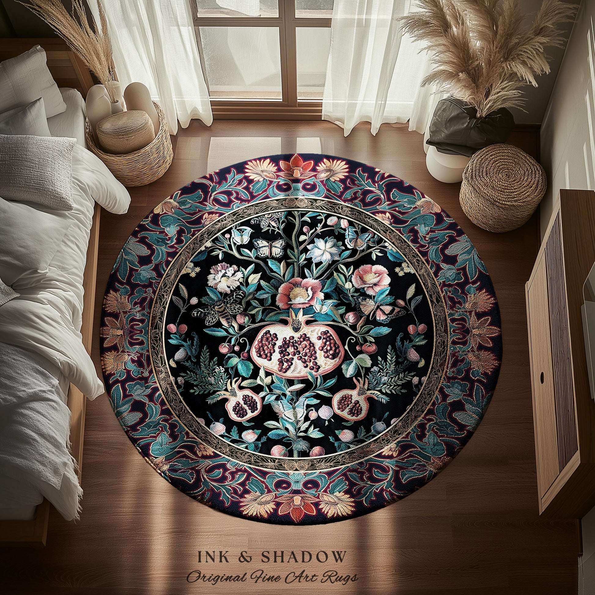 Witchy Dark Academia Pomegranate Rug Whimsigothic Floral Home Decor, Enchanted Woodland Cottagecore Botanical Victorian Gothic Nature Accent