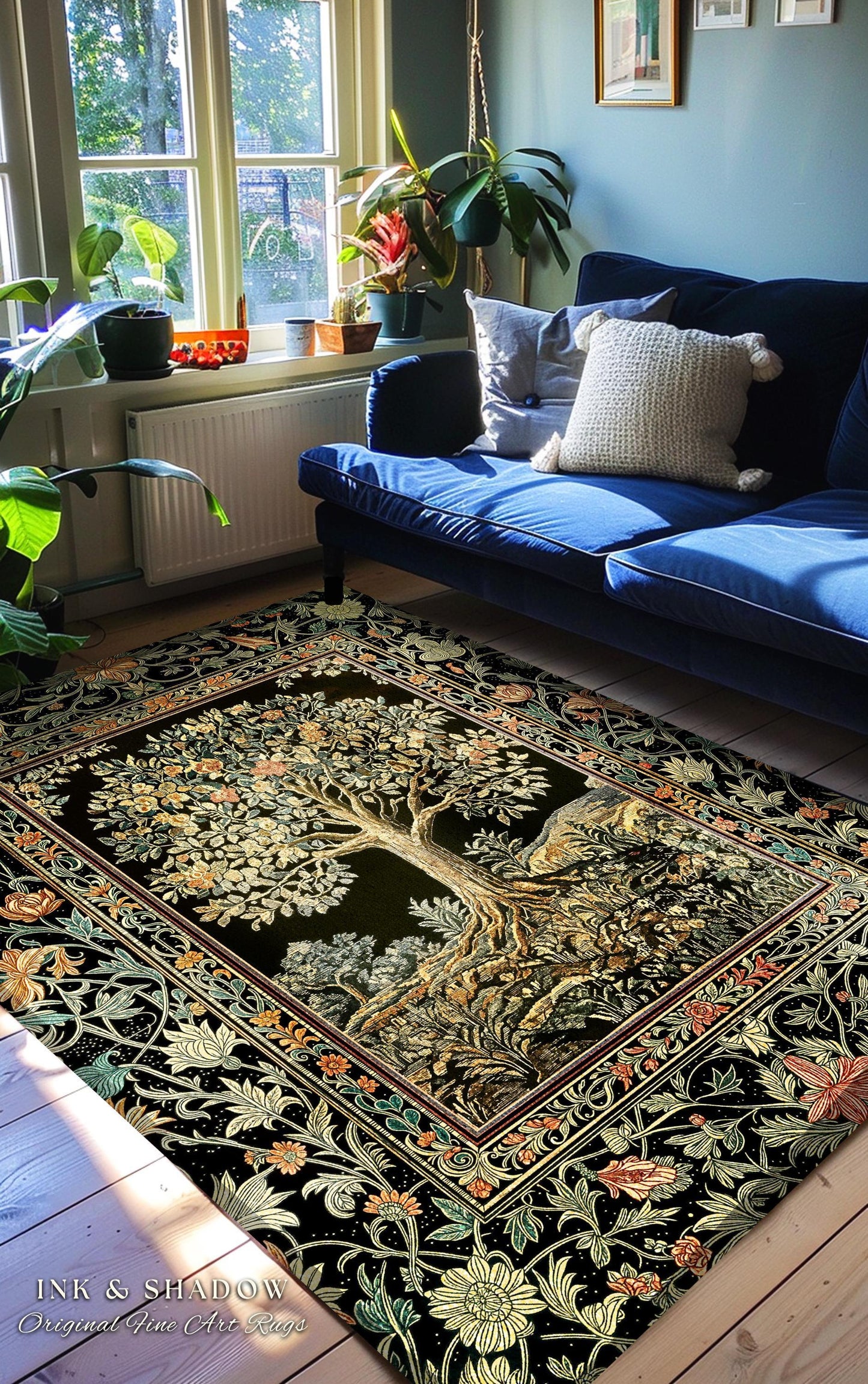 Regal Woodland Tree Rug | Floral Heritage Decor Rug Parisian Style Gothic Cottagecore Aesthetic Traditional Living Room Accent Chateaucore